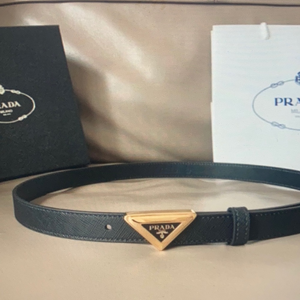 Prada Black Belt - Gold Triangle Iconic Hardware
